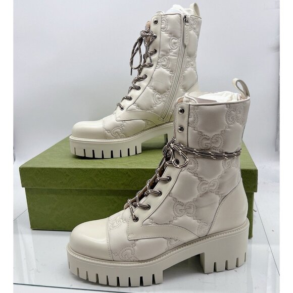 Gucci Marmont GG Interlock Embossed Lace Up Boots White Leather Platform EU 41 - Picture 2 of 13